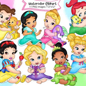 Clipart de aquarela de princesa bebê, conjunto completo, desenhado à mão, desenho animado fofo, PNG, alta resolução, princesinha, chá de bebê