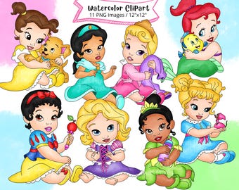 Clipart de bebê princesa em aquarela: Conjunto de desenhos animados em PNG (Download digital)