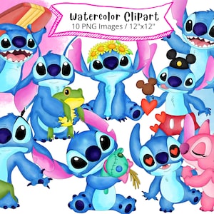 Stich Aquarell Clipart Set, niedliche Cartoon-Illustration, PNG, Alien, transparenter Hintergrund, hohe Auflösung, Lilo und Stitch, handgezeichnet