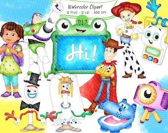 Toy Story 5 Watercolor Clipart, PNG, Woody, Buzz Lightyear, Jessie, High Resolution
