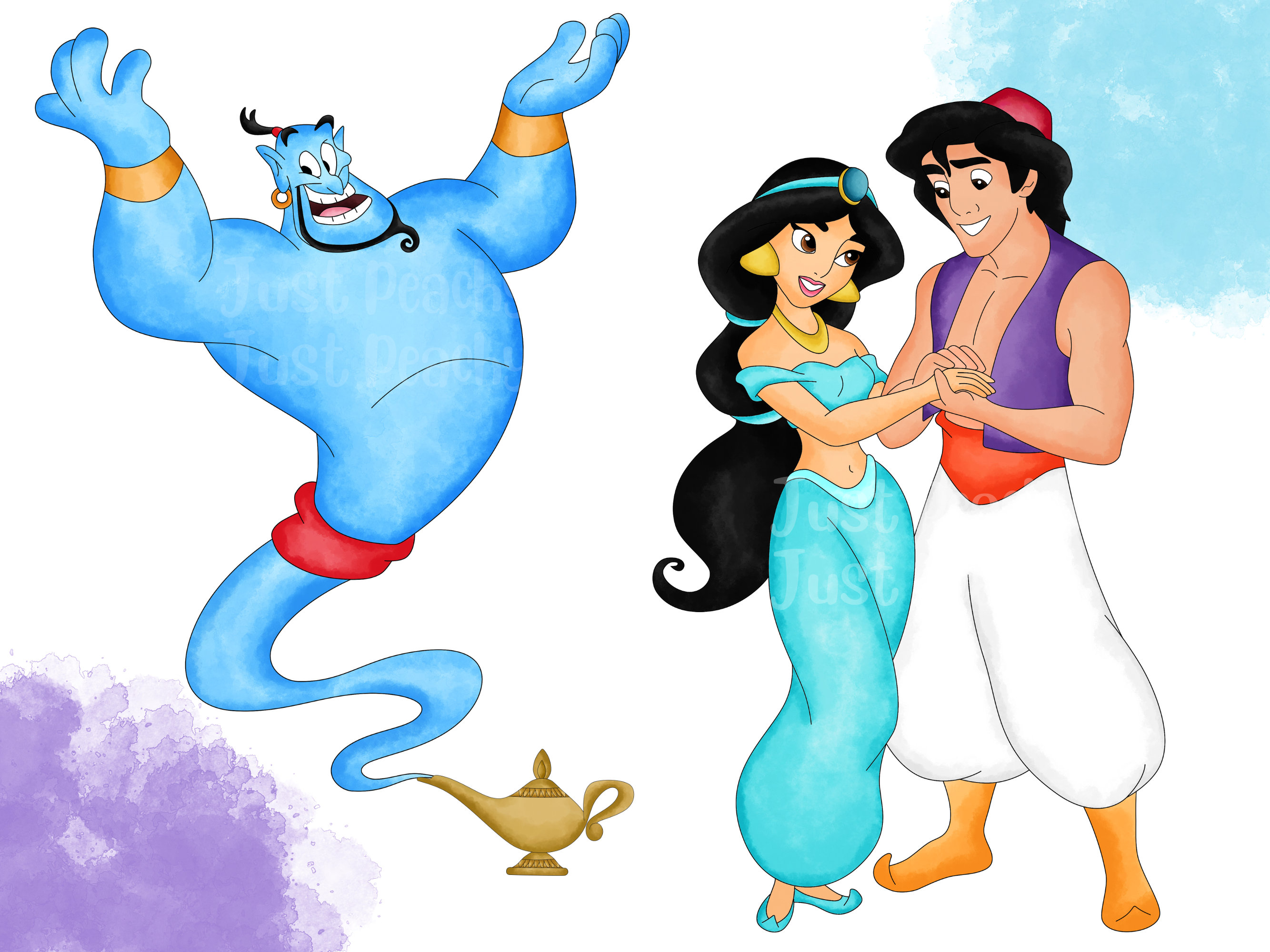 アラジンの水彩画クリップアートセット：漫画風ジャスミンのイラスト