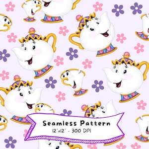 May include: Seamless pattern featuring cartoon teapots and teacups with smiling faces, adorned with gold accents and colorful details. Pink and purple flowers are scattered across a light purple background. The text "Seamless Pattern" is displayed in a banner.