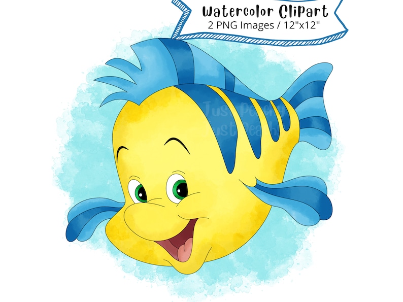 Flounder da La Sirenetta Clipart acquerello disegnato a mano, cartone animato carino, PNG, sfondo trasparente, alta risoluzione, sotto il mare immagine 1