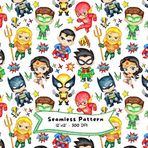 May include: A repeating pattern featuring chibi-style superhero characters including Flash, Green Lantern, Superman, Aquaman, Wonder Woman, Batman, Robin, and Wolverine, interspersed with stars, lightning bolts, and BAM text on a white background.