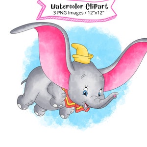 Dumbo Watercolor Clipart, Cute Cartoon, PNG, Hand Drawn, Nursery Decor, Baby Elephant, Instant Download, Birthday, Printable