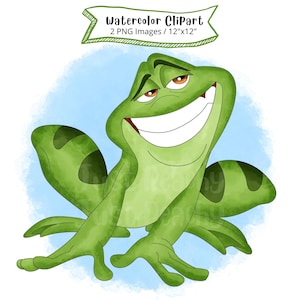 May include: Watercolor clipart of a smiling green frog with brown eyes. The frog has a large, toothy grin and is set against a light blue watercolor background. The image includes text that reads "Watercolor Clipart 2 PNG Images / 12"x12"."