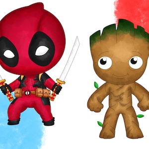 May include: A cartoon illustration of Deadpool and Groot. Deadpool is wearing his signature red and black suit and holding two katanas. Groot is standing with his arms outstretched and has a green leafy head. The background is a watercolor wash of red and blue.