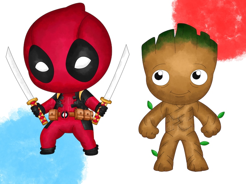 May include: A cartoon illustration of Deadpool and Groot. Deadpool is wearing his signature red and black suit and holding two katanas. Groot is standing with his arms outstretched and has a green leafy head. The background is a watercolor wash of red and blue.