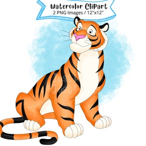 Rajah from Aladdin Hand Drawn Watercolor Clipart, Cute Cartoon Illustration, Tiger, Transparent Background, High Resolution, Safari Animal
