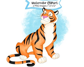 Rajah from Aladdin Hand Drawn Watercolor Clipart, Cute Cartoon Illustration, Tiger, Transparent Background, High Resolution, Safari Animal