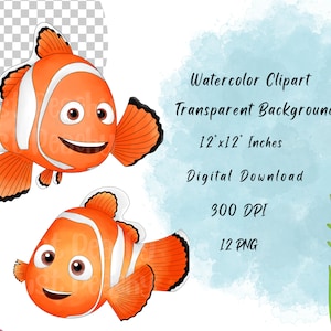 Finding Nemo Watercolor Clipart: Cartoon Ocean Animals (PNG Digital Download) image 2