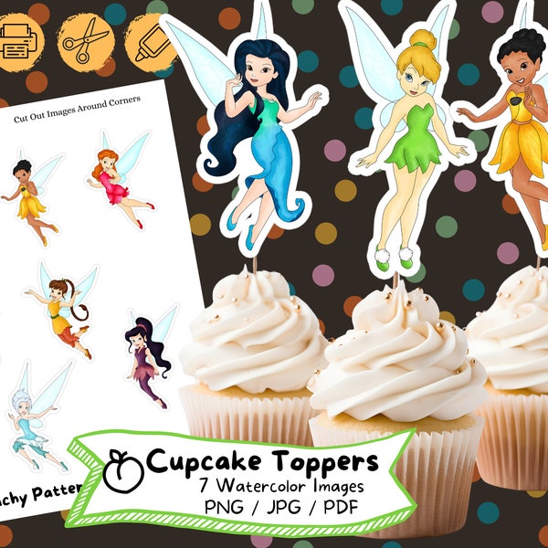 Tinkerbell Watercolor Cupcake Topper, Digital Download, Birthday Party, Cake Topper,  Birthday Decoration, Printable File, Kids Party