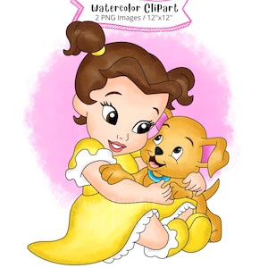 Clipart acquerello di Baby Princess Belle, La bella e la bestia, disegnato a mano, cartone animato carino, illustrazione, PNG, trasparente, alta risoluzione