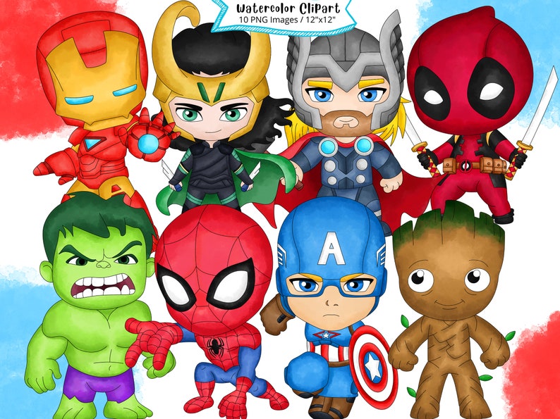 May include: Watercolor clipart featuring 10 different superhero characters, including Iron Man, Hulk, Spiderman, Captain America, Thor, Loki, Deadpool, and Groot. Each character is depicted in a cartoon style with bright colors and expressive features.