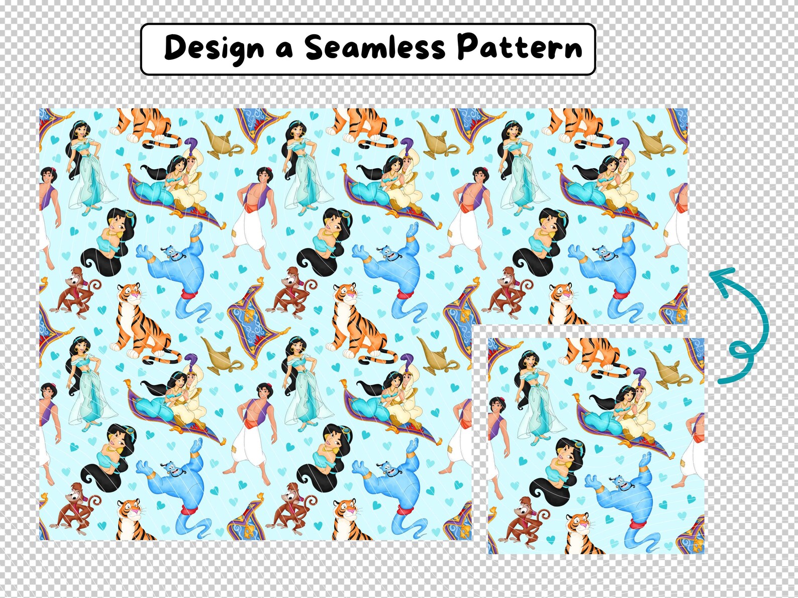 Aladdin Watercolor Seamless Pattern, Princess Jasmine, Genie, Digital ...