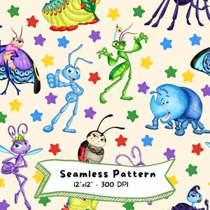 Può includere: Motivo senza cuciture con insetti dei cartoni animati e stelle colorate su sfondo crema. Gli insetti includono farfalle, formiche, scarabei e una cavalletta. Il testo "Seamless Pattern" è visualizzato su uno striscione.