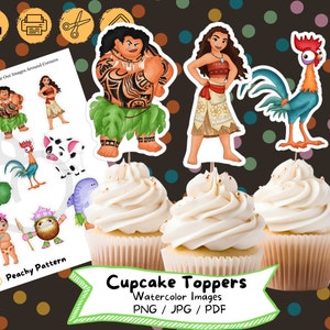 Moana Watercolor Cupcake Topper, Instant Digital Download, Birthday Party, Cake Topper,  Birthday Decoration, Kids Party, Princess Moana