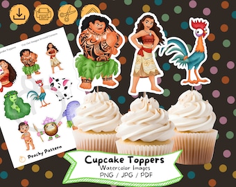 Adornos para cupcakes de acuarela de Moana: Decoración para fiesta de cumpleaños (descarga digital)
