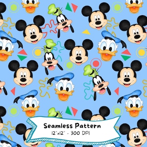 Mickey Mouse & Friends Seamless Pattern, Watercolor Image, Cute Cartoon, High Resolution, Digital Download, Minnie Mouse, Commercial Use