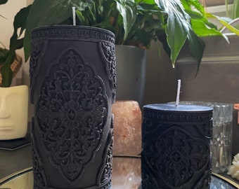 Set of 2 Ornate Gothic Candle,Witchy Candle, Vegan Witches Candle , Highgate Cemetary, Pillar Candles, Soy wax, Vegan, Handmade, Scented