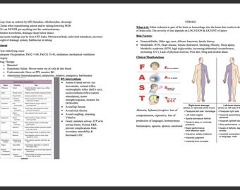 May include: A diagram explaining the symptoms of a stroke, using the acronym FAST. The diagram shows a person with a right brain stroke and a person with a left brain stroke, highlighting the different symptoms of each.