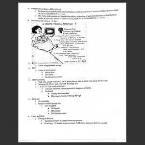 May include: A black and white diagram with text about fetal evaluations, including a drawing of a pregnant person and a monitor. The text includes medical terms and a section titled "BIOPHYSICAL PROFILE".