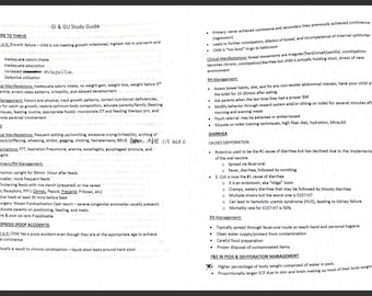 May include: A page from a study guide for gastrointestinal and genitourinary conditions. The page is divided into sections with headings such as "Failure to Thrive", "GERD", "Encopresis (Poop Accidents)", "Diarrhea", and "F&A in Peds & Dehydration Management". The text describes the causes, symptoms, and management of these conditions.