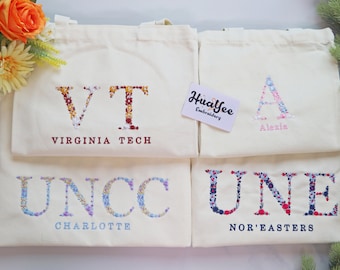 Personalizable Floral Letter Embroidered Flower Letter College University Canvas Embroidery high school bag Sorority Gift Birthday Gift