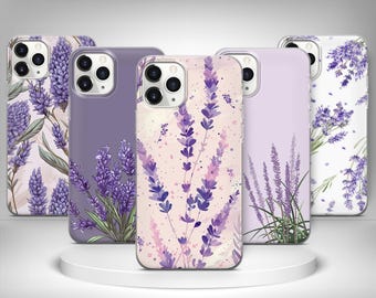 May include: A collection of five phone cases featuring lavender designs. The cases display various artistic renderings of lavender flowers in shades of purple, with green leaves, set against backgrounds of white, lavender, and pink.