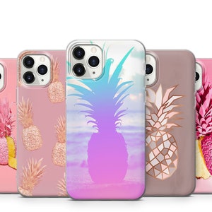 May include: Set of four iPhone cases featuring a pineapple design. The cases are pink, purple, brown, and white with different pineapple patterns.
