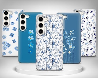 Blau Minimalist Handy Hülle Floral Cover für Samsung Galaxy S25 Ultra, S24 Plus, S23 FE, S22, S21, S20, S10 A53, A52, A36, A35, A26, A16, A12