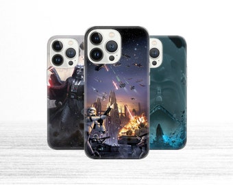 May include: Three different phone cases featuring Star Wars characters and scenes. The first case features Darth Vader, the second case features a space battle scene, and the third case features a blue and green image of Darth Vader.