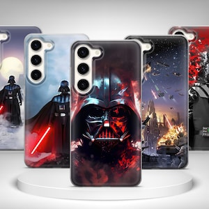 May include: Five phone cases featuring Darth Vader from Star Wars. The cases display various scenes, including Vader with a red lightsaber, and a close-up of his helmet. The cases are in shades of black, red, and blue.
