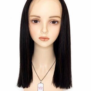 Puede incluir: Una cabeza de maniquí con una peluca negra, peinada con un corte recto y largo hasta los hombros. El maniquí lleva un collar plateado con un colgante rectangular que dice "Full Hair Dream" en texto rosa. El fondo es blanco.