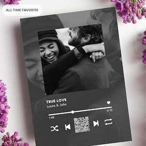 May include: A black and white photo print featuring a couple embracing, with the text "TRUE LOVE" and the names "Laura & John." The print has a music player interface design and is surrounded by purple flowers.