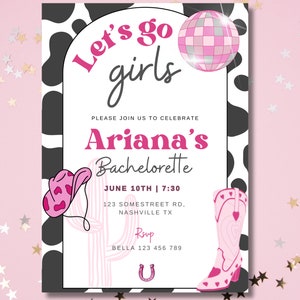 Let’s go girls, cowgirl invitation, bachelorette invitation, birthday invitation, editable cowgirl invite, pink and black invite, disco