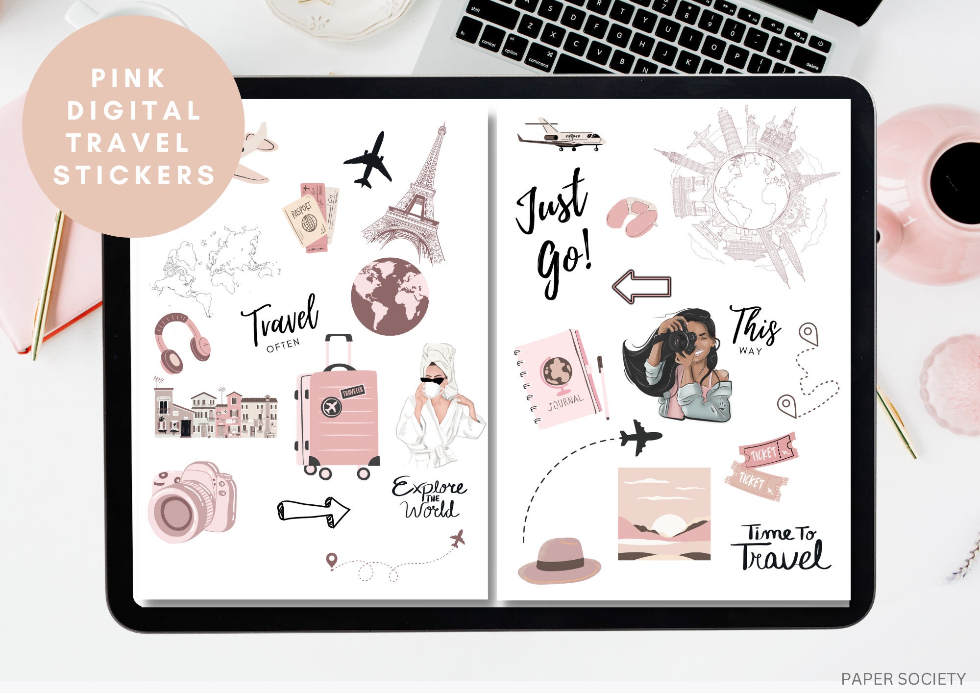 Pink Goodnotes Stickers, Travel Icons, Goodnotes 5, Travel Stickers