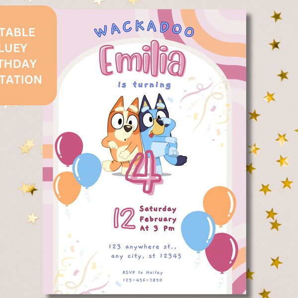 Wackadoo Pink Bluey Birthday Invitation, Editable Canva Template, Bluey Invite, Children Birthday Invitation, Fun Bluey Birthday Invite