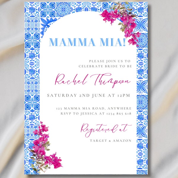 MAMMA MIA, Bridal Shower invitation, blue pink bridal shower invitation, mediterranean theme invitation template, mamma mia inviration