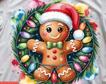 Christmas Gingerbread Man png | Holiday Cookie Lights png | Gingerbread Wearing Santa Hat png | Festive Holiday Lights png | Gingerbread jpg