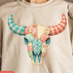Faux Patchwork Cow Skull png | Cottagecore Quilt Style png | Cow Skull Faux Patchwork png | Faux Fabric Cow Skull png | Cow Skull jpg