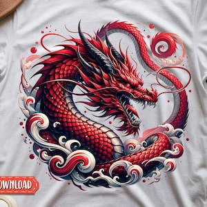 May include: White t-shirt featuring a detailed red dragon design. The dragon is surrounded by swirling clouds and waves, with intricate scales and a fierce expression. The shirt also has the text "DIGITAL DOWNLOADS" and "PNG JPG 300 dpi".