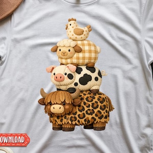 May include: White t-shirt featuring a stack of farm animals: a chicken, a sheep, a pig, and a Highland cow. The cow has a leopard print pattern. The shirt has the words "DIGITAL DOWNLOADS" and "PNG JPG 300 dpi".