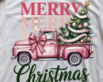 Retro Pink Merry Christmas Truck png | Coquette Christmas Tree png | Vintage Pink Christmas Farm Truck png | Farm Fresh Christmas Tree jpg