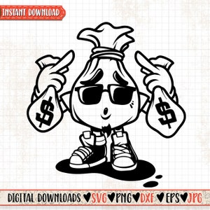 Mascotte del sacco di soldi in formato SVG / Clipart Hipster / Stencil per bambini ricchi e fighi / Cutfile Hippie con simbolo del dollaro in formato DXF / Cutfile Gangster con banconote / PNG Hip Hop