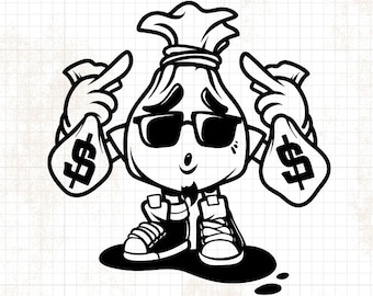 Money Bag Mascot svg | Hipster Clipart | Cool Rich Kid Stencil | Hippie Cutfile Dollar Sign dxf | Gangster Money Bill Cutfile | Hip Hop png