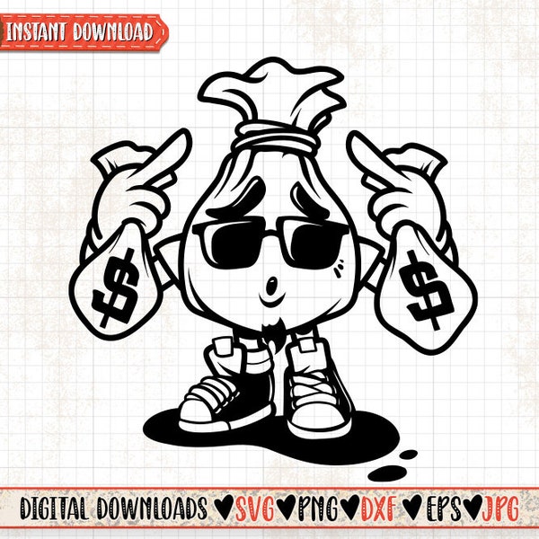 Money Bag Mascot svg | Hipster Clipart | Cool Rich Kid Stencil | Hippie Cutfile Dollar Sign dxf | Gangster Money Bill Cutfile | Hip Hop png