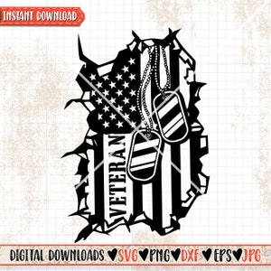 May include: Black and white silhouette of an American flag with the word "Veteran" and two dog tags hanging from it. The flag is ripped and torn, creating a distressed look.