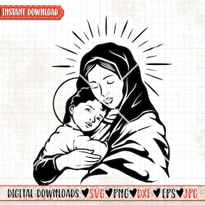 Mother Mary Baby Jesus svg | Nativity Clipart | Christmas Cutfile | Holy Family dxf | Christian Shirt png | Religious Lord | Catholic God
