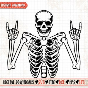 Skeleton Rock Hand Sign svg | Hippie Skeletal System Clipart | Rocker Skull Cutfile | Rockstar Bones Stencil | Goth Halloween Shirt | Gothic